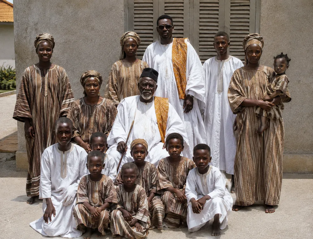 Grande famille africaine en boubous dorés et marron, réunie autour du patriarche assis avec sa canne