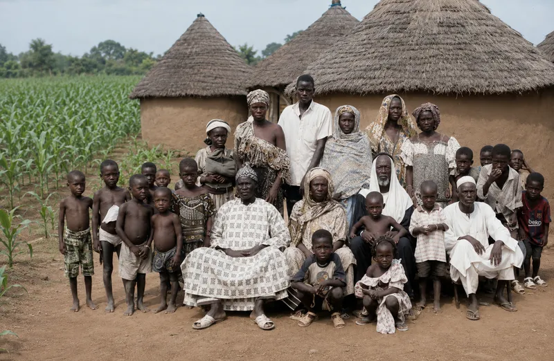Famille africaine réunie devant les cases en paille du village