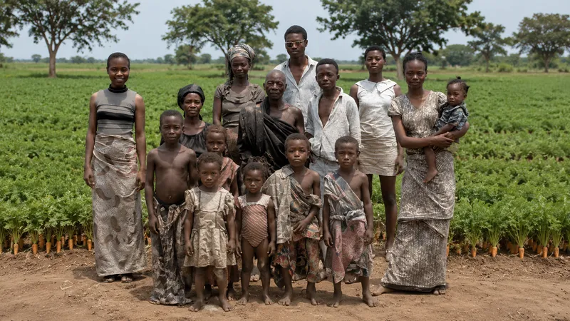 Famille africaine posant fièrement devant son champ de carottes