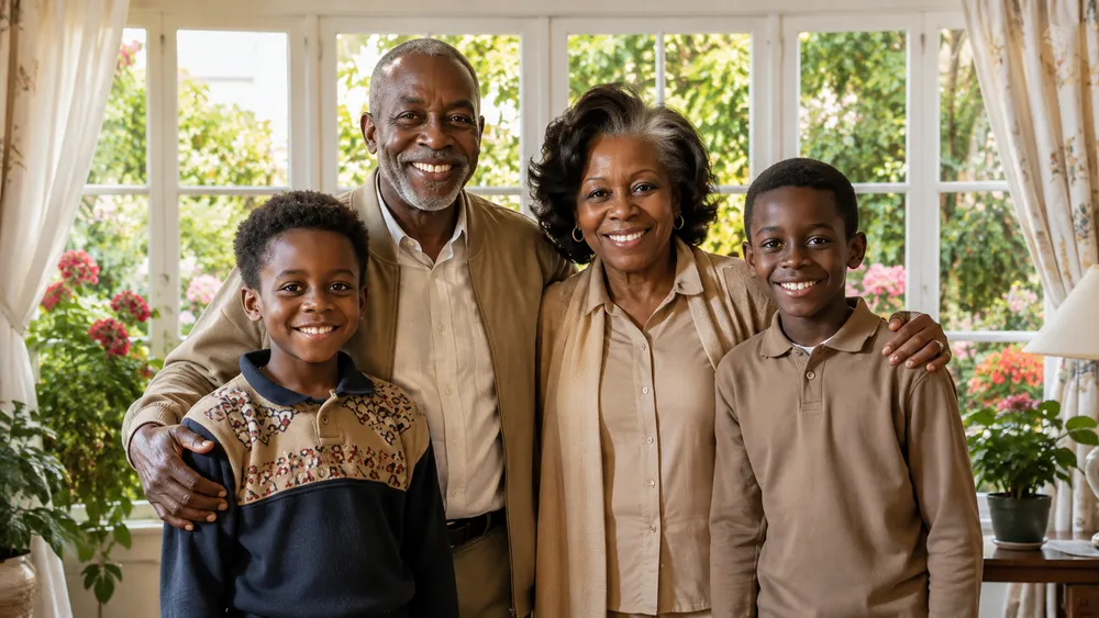 Grands-parents africains souriants entourés de leurs deux petits-fils, dans un intérieur lumineux