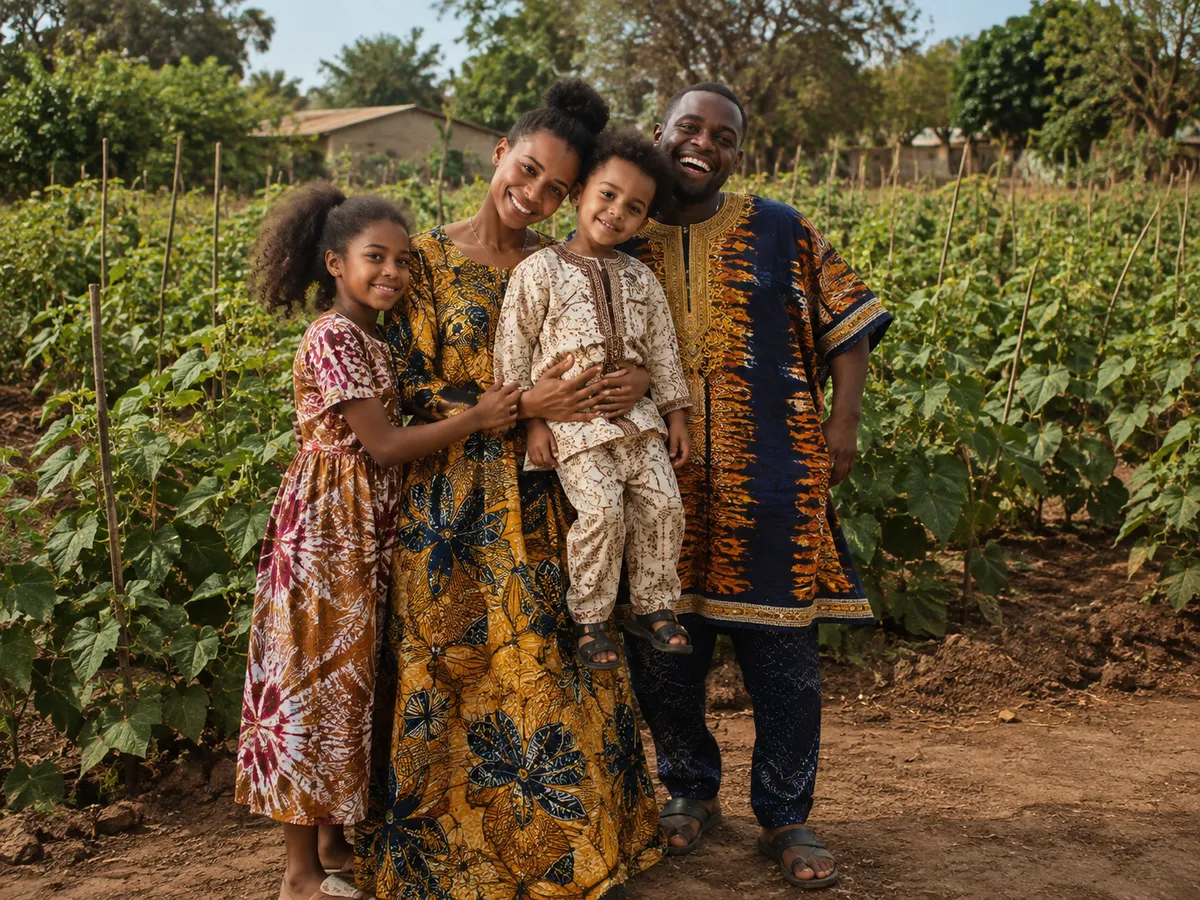 Famille africaine joyeuse en habits de wax colorés : les parents et leurs deux enfants souriants